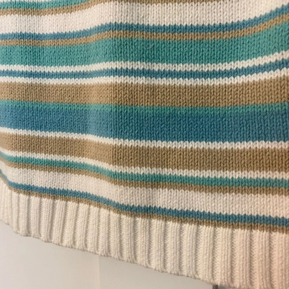 Teal‎ & Tan Striped Button Shoulder Sweater S Boho Chic Coastal Cottagecore Knit